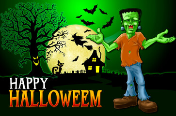 Halloween party poster with monster, zombie, house, tree, moon and bats.