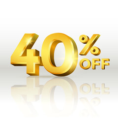 40 percent off glossy gold text vector in 3d style isolated on white background with reflection for marketing design