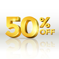 50 percent off glossy gold text vector in 3d style isolated on white background with reflection for marketing design