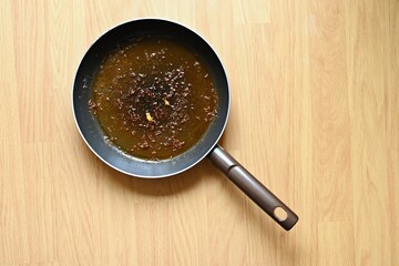 Dirty dishes in the kitchen - Greasy used pan with oil and leftovers.