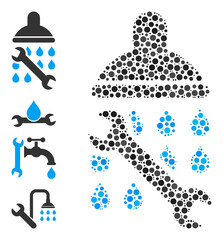 Round dot collage shower plumbing. Vector collage is based on shower plumbing symbol, and formed from scattered spheric items. Vector icon of shower plumbing combined of scattered round items.