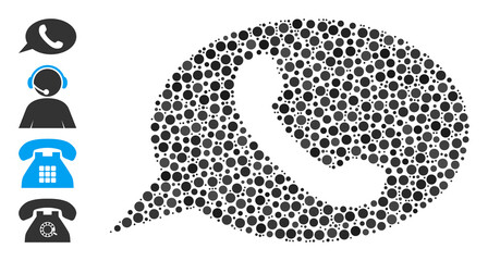 Round dot composition phone message. Vector collage is based on phone message icon, and created with scattered spheric parts. Vector icon of phone message created of scattered spheric dots.