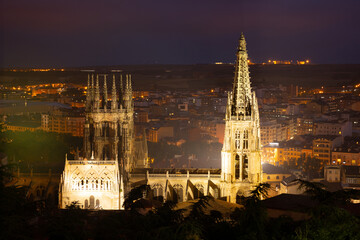 Night aerial view of Our Lady Cathedral of Burgos, Spain