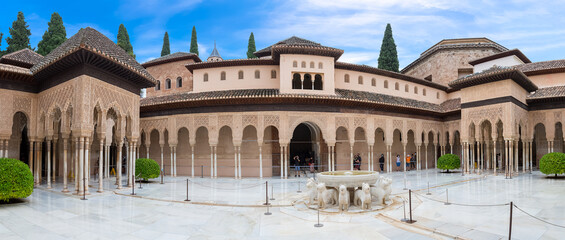 Full panoramic exterior view at the Patio at the Lions, twelve marble lions fountain on Palace of...