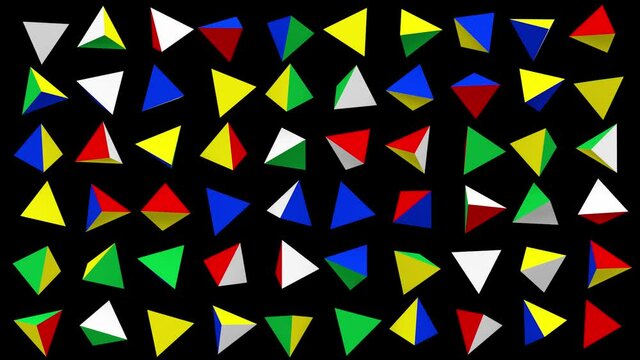 Bright colorful pyramids rotating. Black background. Abstract animation, 3d render.