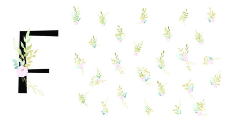 Capital letter F, decorated with a delicate bouquet. Set of flower arrangements for congratulations, wedding invitations, anniversary.