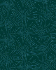 Palm leaves seamless pattern. Continuous line drawing. Palm tree leaf. Fashionable dark tropical print with foliage, trendy label, outline texture, beach wallpaper.