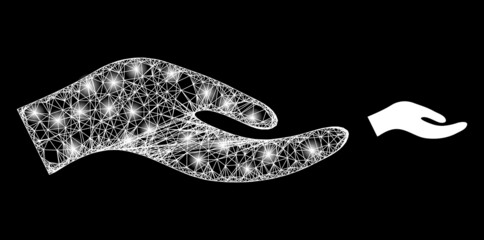 Glamour mesh vector petition hand with glare effect. White mesh, glare spots on a black background with petition hand icon. Mesh and glare elements are placed on different layers.