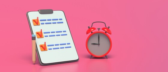 Clipboard checklist and clock on pink color background, 3d illustration