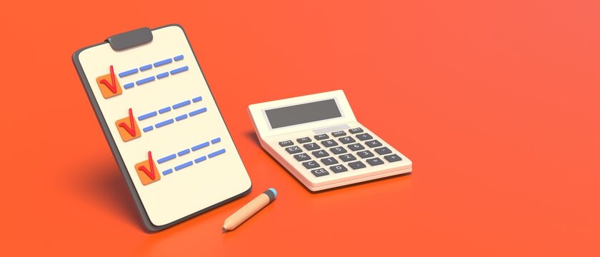 Clipboard checklist and calculator on orange color background, 3d illustration