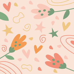 Vector background with flowers, hearts and stars in natural trend colors. Set and elements for design, good for layout, banner, wallpaper and other designs