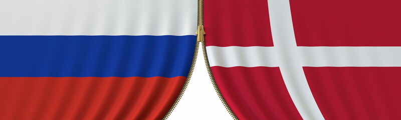 Russia and Denmark cooperation or conflict, flags and closing or opening zipper between them. Conceptual 3D rendering
