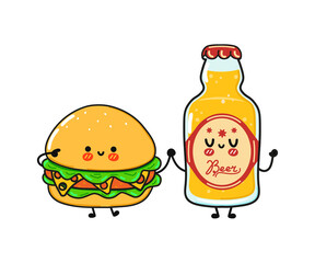 Cute, funny happy hamburger and bottle of beer. Vector hand drawn cartoon kawaii characters, illustration icon. Funny cartoon hamburger and bottle of beer mascot character concept
