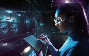 Concept of future technology or entertainment system, virtual reality. Female portrait lit by HUD interface