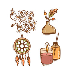 Set of color hand-drawn autumn hygge mood vector icons in doodle style. Cozy cute cartoon elements collection isolated on white background for seasonal decoration.