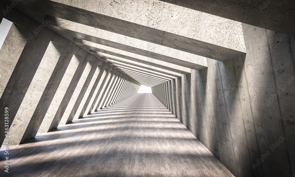Wall mural reinforced concrete tunnel structure with side openings.