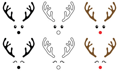 Simple Rudolph the Red Nosed Reindeer Face with Antlers - Clipart Set - obrazy, fototapety, plakaty