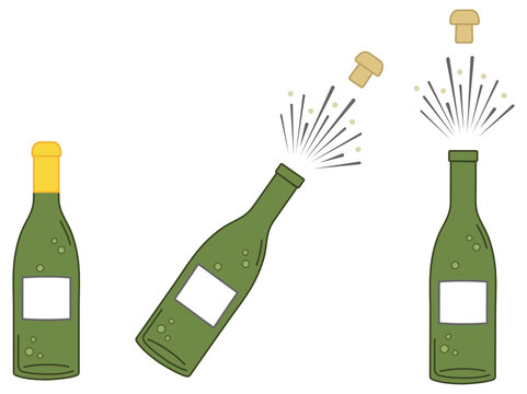Green Bottle of Champagne or Sparkling Wine with Cork Popping Clipart Set