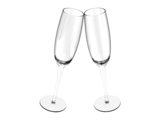 Toasting glasses. Two elegant champagne glasses. Pair of champagne glasses. Clink glasses. Toast cups. 3D illustration.