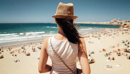 Gordijnen Summer woman wearing hat. Vacation photo © konradbak