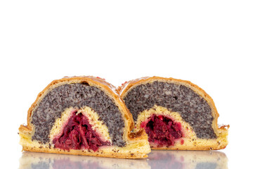 Two pieces of cherry poppy strudel , close-up, isolated on white.