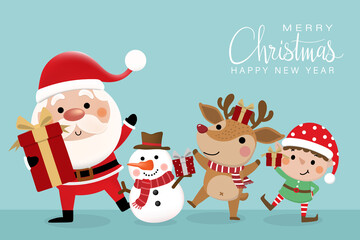 Merry Christmas and happy new year greeting card with cute Santa Claus, red gift, snowman and deer. Holiday cartoon character in winter season. -Vector