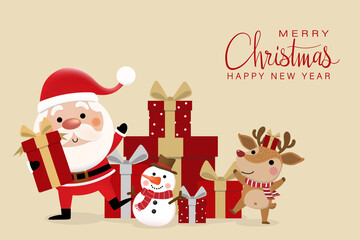 Merry Christmas and happy new year greeting card with cute Santa Claus, red gift, snowman and deer. Holiday cartoon character in winter season. -Vector