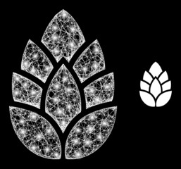 Bright mesh vector hop cone with glow effect. White mesh, bright spots on a black background with hop cone icon. Mesh and glowing elements are placed on different layers.