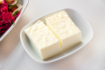 Traditional Turkish Cream Pan Yogurt sliced in plate,above view