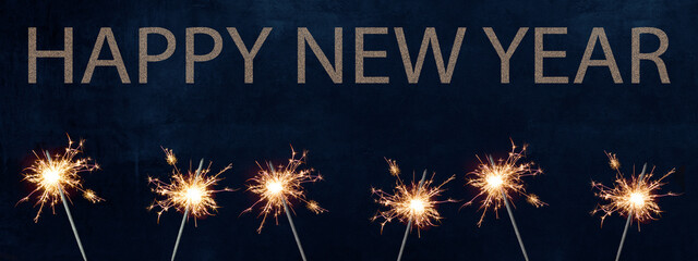 HAPPY NEW YEAR festive background banner greeting card - Many burning sparkler in the dark blue night