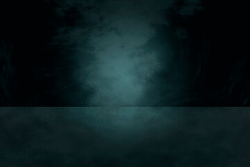 Empty dark room grunge blue background. Studio template, background for business, product demonstration. Blue smoke, space lighting.