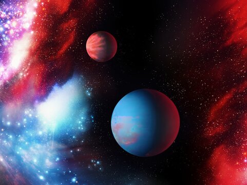 Planets in deep space. Beauty of the universe. Colorful cosmos with stars and nebulae 3d illustration. © Nazarii