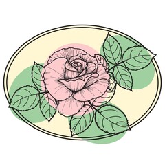 A card with a pink rose with leaves in an oval