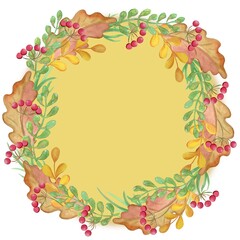 Watercolor illustration, frame. Postcard, autumn wreath with autumn elements