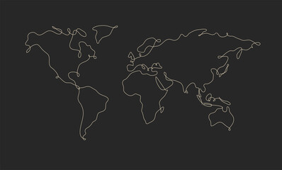 World map in pen line style drawing on black background