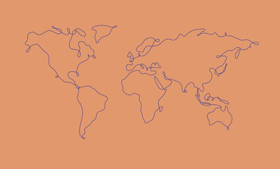 World map in pen line style drawing on salmon color background