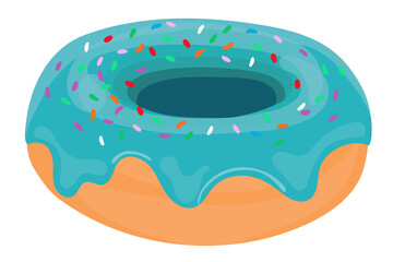 Donut - delicious dessert for sweet tooth, flat cartoon vector drawing. Children's food for the holiday, beautifully decorated cupcake. - obrazy, fototapety, plakaty