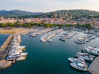 Fototapeta na wymiar Aerial view of Sainte-Maxime harbor in French Riviera (South of France)
