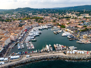 Aerial view of Saint-Tropez harbor in French Riviera (South of France) - obrazy, fototapety, plakaty