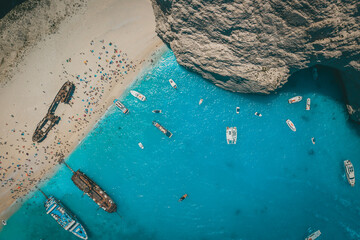 Aerial Drone Shot of the famous Shipwreck Bay in Zakynthos, Greece