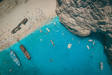 Aerial Drone Shot of the famous Shipwreck Bay in Zakynthos, Greece