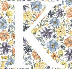 Wildflowers Alphabet, Floral ABC clipart, Watercolor Meadow Flowers Alphabet, Herbs Clip art, Lettering, Floral K, Wedding invites