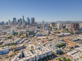 Los Angeles, California, USA – October 12, 2021: Top Drone Aerial View with Little Tokyo Real Estate Los Angeles LA
 - obrazy, fototapety, plakaty
