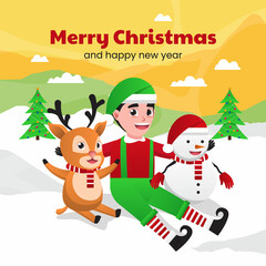 Snowman, Reindeer And Christmas Elf Happy New Year