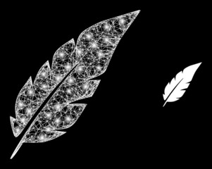 Magic mesh vector feather with glare effect. White mesh, bright spots on a black background with feather icon. Mesh and glare elements are placed on different layers.