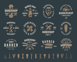 Barbershop vintage hipster logo templates. 12 Logos and 16 design elements for barber shop, haircut's salon. Barber shop emblems templates. Vector illustration