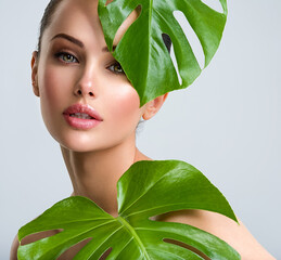 Beautiful woman with green leave near face and body.  Closeup girl's face with green leave. Skin...