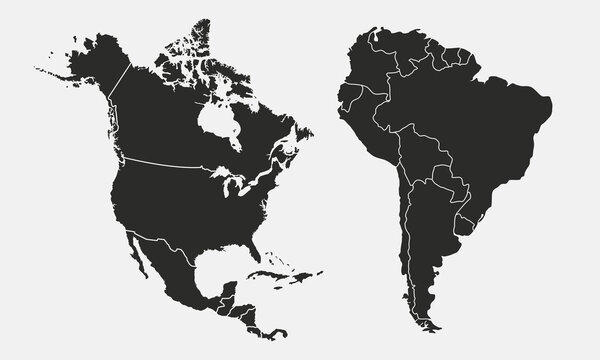 North and South America map isolated on white background. North America map with regions. USA, Canada, Mexico, Brazil, Argentina maps. Vector illustration
