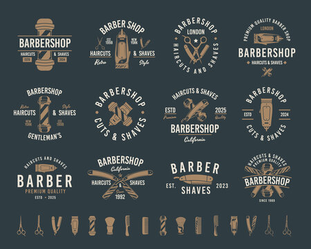 Barbershop vintage hipster logo templates. 12 Logos and 16 design elements for barber shop, haircut's salon. Barber shop emblems templates. Vector illustration