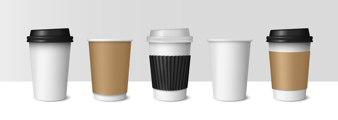 Paper coffee cups isolated on light background. Coffee paper mug, cup mockups. Coffee cup for takeaway. Vector illustration